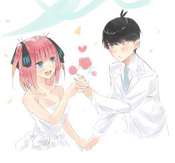 Rule 34 | 1boy, 1girl, :d, bare shoulders, black hair, black ribbon, blue eyes, blunt bangs, blush, breasts, brown eyes, butterfly hair ornament, cleavage, collarbone, dress, eyebrows hidden by hair, flower, formal, george man, go-toubun no hanayome, hair ornament, highres, holding hands, interlocked fingers, large breasts, looking at another, nakano nino, open mouth, petals, pink hair, raised eyebrows, ribbon, rose, simple background, smile, suit, twintails, uesugi fuutarou, wedding, wedding dress, white background, white dress, white suit