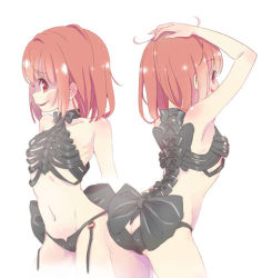 Rule 34 | 1girl, arched back, arm up, ass, back, bare arms, bare shoulders, black bow, black panties, blush, bow, breasts, butt crack, chara (undertale), collarbone, cowboy shot, eyebrows, garter straps, hand on own head, looking at viewer, multiple views, panties, red eyes, red hair, ribs, shaded face, short hair, simple background, skeleton costume, small breasts, smirk, spine, spoilers, undertale, underwear, underwear only, white background, yugaiga