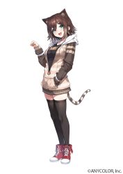 Rule 34 | 1girl, animal ear fluff, animal ears, aqua eyes, artist request, black thighhighs, breasts, brown hair, cat ears, cat tail, full body, fumino tamaki, hand in pocket, highres, hood, hood down, hoodie, large breasts, light brown hair, miniskirt, multicolored hair, nijisanji, official art, partially unzipped, paw pose, pleated skirt, short hair, skirt, tail, thighhighs, two-tone hair, virtual youtuber, white background, zettai ryouiki