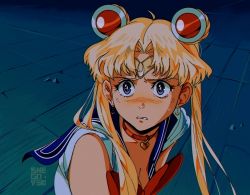 Rule 34 | 1girl, artist name, bishoujo senshi sailor moon, blonde hair, blue eyes, blue sailor collar, blush, breasts, choker, circlet, cleavage, collarbone, crescent, crescent earrings, derivative work, ear piercing, earrings, hair ornament, hair over shoulder, heart, heart choker, highres, jewelry, long hair, looking at viewer, medium breasts, meme, parted lips, piercing, red choker, sailor collar, sailor moon, sailor moon redraw challenge (meme), sailor senshi uniform, sleeveless, snegovski, solo, sweat, sweatdrop, twintails, upper body