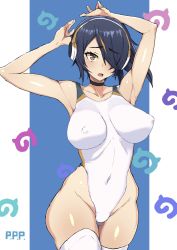 Rule 34 | 1girl, armpits, arms up, black hair, blue background, breasts, brown eyes, commentary request, competition swimsuit, covered erect nipples, covered navel, cowboy shot, emperor penguin (kemono friends), gluteal fold, hair over one eye, headphones, highleg, highleg leotard, highleg swimsuit, highres, japari symbol, kemono friends, large breasts, leotard, long hair, looking at viewer, mordeth, multicolored hair, one-piece swimsuit, solo, swimsuit, thigh gap, thighhighs, two-tone background, white background, white one-piece swimsuit, white thighhighs