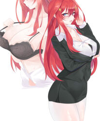 Rule 34 | 1girl, adjusting eyewear, arm under breasts, black bra, black jacket, black skirt, blue eyes, bra, breasts, button gap, cleavage, commentary request, go-toubun no hanayome, hair between eyes, hair ornament, jacket, large breasts, long hair, long sleeves, looking at viewer, micosiva, multiple views, nakano itsuki, partially unbuttoned, pencil skirt, red-framed eyewear, red hair, shirt, skirt, star (symbol), star hair ornament, underwear, undressing, white background, white shirt