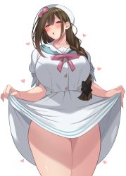Rule 34 | 1girl, ahoge, blush, braid, breasts, brown eyes, brown hair, clothes lift, dress, dress lift, embarrassed, eryu kamemura, eyebrows hidden by hair, feet out of frame, female focus, hair over shoulder, half-closed eyes, hat, heart, highres, idolmaster, idolmaster shiny colors, kuwayama chiyuki, large breasts, legs, lifted by self, light blush, long hair, looking at viewer, parted lips, pink neckwear, simple background, single braid, solo, standing, thighs, white background