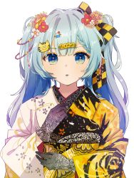 Rule 34 | 1girl, 2022, blue eyes, blue hair, bow, braid, braided bangs, checkered bow, checkered clothes, chinese zodiac, commentary, gloves, gradient eyes, hair between eyes, hair ornament, haruta (user dndp3458), hatsune miku, highres, light blue hair, light blush, long hair, looking at viewer, multicolored eyes, parted lips, sidelocks, simple background, standing, upper body, vocaloid, white background, year of the tiger