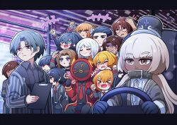 Rule 34 | &gt; &lt;, 1other, 6+boys, 6+girls, aqua eyes, arm up, black hair, black shirt, bow, bus interior, charon (project moon), closed eyes, closed mouth, collared shirt, dante (limbus company), dark-skinned female, dark skin, don quixote (project moon), driving, everyone, faust (project moon), gredell elle, green eyes, gregor (project moon), hair bow, heathcliff (project moon), heterochromia, highres, hong lu (project moon), ishmael (project moon), limbus company, long hair, low twintails, mephistopheles (project moon), meursault (project moon), multiple boys, multiple girls, open mouth, outis (project moon), project moon, red eyes, rodion (project moon), ryoshu (project moon), shirt, short hair, sinclair (project moon), smile, steering wheel, twintails, vergilius (project moon), very long hair, white bow, white hair, yi sang (project moon)