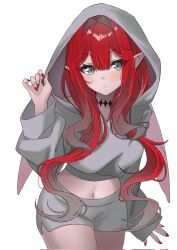Rule 34 | 1girl, baobhan sith (fate), blush, closed mouth, cropped hoodie, fate/grand order, fate (series), grey eyes, grey hoodie, grey shorts, hand up, highres, hood, hood up, hoodie, long hair, looking at viewer, mikon (nicknqme), nail polish, navel, pointy ears, red hair, red nails, short shorts, shorts, sidelocks, solo, white background