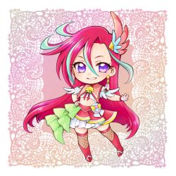 Rule 34 | 1girl, aizen (syoshiyuki), aqua hair, boots, chibi, crop top, cure flamingo, earrings, feather earrings, feathers, fingerless gloves, fishnet thighhighs, fishnets, full body, gloves, grin, hair between eyes, hair ornament, hand on own hip, heart, heart in eye, highres, jewelry, knee boots, lace background, layered skirt, legs apart, long hair, looking at viewer, magical girl, midriff, multicolored eyes, multicolored hair, pink background, pink eyes, pouch, precure, purple eyes, red footwear, red hair, red skirt, red theme, single earring, skirt, smile, solo, standing, streaked hair, symbol in eye, takizawa asuka, thighhighs, tropical-rouge! precure, white gloves