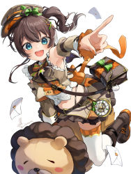 Rule 34 | 1girl, :d, ahoge, armpits, bag, belt, blue eyes, blush, boots, bow, bowtie, breasts, brown dress, brown footwear, brown hair, brown headwear, brown shirt, buttons, commentary request, crop top, detached sleeves, double-breasted, dress, ebi frion (natsuiro matsuri), frilled shirt, frilled skirt, frills, full body, hair bow, hair ornament, highres, hololive, kito koruta, leaning forward, letter, looking at viewer, midriff, miniskirt, nail polish, natsuiro matsuri, navel, official alternate costume, open mouth, orange bow, orange nails, pointing, sailor collar, shirt, short hair, shoulder bag, side ponytail, sidelocks, signature, simple background, skirt, small breasts, smile, solo, straddling, teeth, thighhighs, upper teeth only, virtual youtuber, white background, white thighhighs