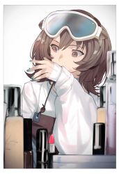 Rule 34 | 1girl, apron, arknights, blue nails, blurry, blurry foreground, blush, border, bottle, brown eyes, brown hair, cosmetics, goggles, goggles on head, gradient background, grey background, hand up, highres, kamatpit, lipstick, lipstick tube, long sleeves, looking to the side, makeup, medium hair, nail polish, oversized clothes, perfume bottle, roberta (arknights), sleeves past wrists, solo, sweater, upper body, white sweater