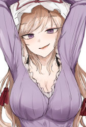 Rule 34 | 1girl, blonde hair, breasts, cleavage, dress, fang, hands up, hat, hat ribbon, large breasts, long hair, long sleeves, looking at viewer, necro (nekurodayo), parted lips, purple dress, purple eyes, red ribbon, ribbon, simple background, slit pupils, smile, solo, touhou, upper body, white background, white hat, yakumo yukari
