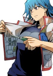 Rule 34 | 1boy, absurdres, blue hair, blue shirt, boxcutter, bruno (yu-gi-oh!), frown, high collar, highres, holding, holding screwdriver, holding tool, jacket, light frown, looking to the side, male focus, open clothes, open jacket, pocket, pointing, pointing to the side, purple eyes, screwdriver, serious, shirt, short hair, simple background, solo, t-shirt, tools, upper body, utility vest, white background, white jacket, wrench, youko-shima, yu-gi-oh!, yu-gi-oh! 5d&#039;s