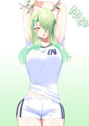 Rule 34 | 1girl, antlers, armpit focus, armpits, arms up, blush, braid, braided bangs, branch, breasts, ceres fauna, collarbone, green hair, green nails, gym shorts, hair ornament, hair over one eye, highres, hololive, hololive english, horns, large breasts, long hair, looking at viewer, mole, mole under eye, open mouth, redi (rasec asdjh), shirt, shorts, solo, t-shirt, thighs, virtual youtuber, white shirt, white shorts, yellow eyes