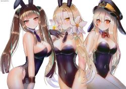 Rule 34 | 3girls, animal ears, aug (girls&#039; frontline), bad id, bad twitter id, bare shoulders, black leotard, black neckwear, blonde hair, blue neckwear, blunt bangs, blush, bow, bowtie, breasts, brown hair, cleavage, closed mouth, collarbone, confetti, covered navel, cross, detached collar, dsr-50 (girls&#039; frontline), expressionless, fake animal ears, flower, girls&#039; frontline, hair between eyes, hair flower, hair ornament, hair over one eye, hair ribbon, hanato (seonoaiko), hat, iron cross, kar98k (girls&#039; frontline), large breasts, leotard, long hair, looking at viewer, medium breasts, mole, mole under eye, multiple girls, necktie, orange eyes, pantyhose, playboy bunny, rabbit ears, rabbit tail, red eyes, red neckwear, ribbon, side-tie leotard, sidelocks, silver hair, simple background, smile, tail, traditional bowtie, twintails, very long hair, white background, white legwear, wrist cuffs, yellow eyes