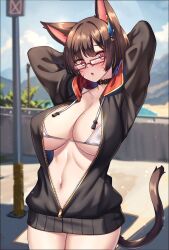 Rule 34 | 1girl, animal ears, arms up, bikini, black choker, black hair, blush, breasts, cat ears, cat girl, cat tail, choker, cleavage, glasses, highres, hood, hoodie, large breasts, looking at viewer, navel, original, outdoors, partially unzipped, red-framed eyewear, red eyes, shirokuma a, short hair, solo, swimsuit, tail, white bikini