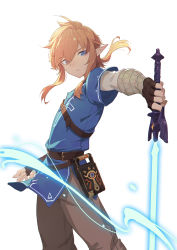 Rule 34 | 1boy, belt, belt buckle, blonde hair, blue eyes, blue tunic, brown gloves, brown pants, buckle, closed mouth, expressionless, fingerless gloves, gloves, glowing, glowing weapon, highres, holding, holding sword, holding weapon, huang (volt0526), left-handed, link, master sword, nintendo, pants, pointy ears, sheikah slate, short hair, sidelocks, simple background, solo, sword, the legend of zelda, the legend of zelda: breath of the wild, tunic, weapon, white background