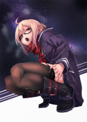 Rule 34 | 1girl, ahoge, artoria pendragon (all), artoria pendragon (fate), black-framed eyewear, blush, boots, braid, coat, commentary request, dark persona, duffel coat, fate/grand order, fate (series), french braid, fu-ta, full body, glasses, looking at viewer, mysterious heroine x alter (fate), mysterious heroine x alter (first ascension) (fate), open clothes, open coat, open mouth, plaid, plaid scarf, red scarf, saber (fate), saber alter, scarf, semi-rimless eyewear, solo, spread legs, squatting, thighhighs, under-rim eyewear