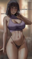 Rule 34 | 1girl, artist name, black hair, black panties, blunt bangs, blurry, blurry background, breasts, breath, cleavage, cleavage cutout, closed mouth, clothing cutout, cropped sweater, english text, hand in own hair, highres, hyuuga hinata, large breasts, looking at viewer, naruto (series), naruto shippuuden, navel, no pupils, oroborus, panties, purple sweater, ribbed sweater, short hair, smile, solo, standing, steaming body, sweater, thong, turtleneck, turtleneck sweater, underwear, white eyes