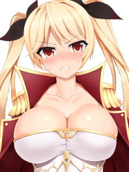 Rule 34 | 1girl, angry, azur lane, black ribbon, blonde hair, blush, breasts, cleavage, clenched teeth, collarbone, commentary request, dyne gallon, epaulettes, hair ribbon, head tilt, jacket, large breasts, long hair, looking at viewer, nelson (azur lane), open clothes, open jacket, red eyes, red jacket, ribbon, solo, teeth, upper body