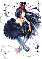 Rule 34 | 00s, 1girl, akiyama mio, bass guitar, black hair, blue pantyhose, breasts, cleavage, don&#039;t say &quot;lazy&quot;, dress, elbow gloves, fingerless gloves, flower, gloves, guitar, hat, heart, highres, instrument, k-on!, long hair, mini hat, mini top hat, nana (732 kaiten), pantyhose, rose, solo, top hat