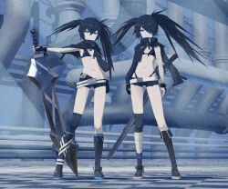 Rule 34 | 2girls, 32zzz, asymmetrical legwear, bandaged arm, bandages, black bra, black coat, black gloves, black rock shooter, black rock shooter (character), black scarf, black shorts, blue eyes, bra, breasts, coat, colored skin, commentary request, dual persona, fingerless gloves, gloves, grey skin, hair between eyes, hair over one eye, highres, holding, holding sword, holding weapon, huge weapon, katana, multiple girls, multiple persona, navel, pale skin, scarf, sheath, sheathed, short shorts, shorts, small breasts, sword, twintails, underwear, uneven twintails, weapon