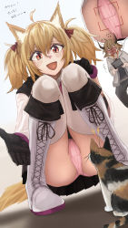 Rule 34 | 1boy, 1girl, :d, ahoge, animal ear fluff, animal ears, arknights, bison (arknights), black eyes, black gloves, black pants, black shirt, black skirt, blonde hair, blood, blush, boots, brown hair, buchi k018, cat, collared shirt, commentary, controller, cow boy, cow ears, cow horns, cross-laced footwear, dutch angle, ear blush, full-face blush, full body, gloves, grey jacket, hair between eyes, hair ribbon, highres, hood, hooded jacket, horns, jacket, knee boots, knees together feet apart, looking at viewer, medium hair, miniskirt, necktie, nosebleed, open mouth, orange eyes, panties, pants, pink necktie, pink panties, pleated skirt, radio antenna, red ribbon, remote control, ribbon, robot, shirt, simple background, skirt, smile, solo focus, sora (arknights), squatting, sweat, nervous sweating, tail, thighhighs, thighhighs under boots, thighs, translated, twintails, underwear, viewfinder, white background, white footwear, white shirt, white thighhighs, wing collar