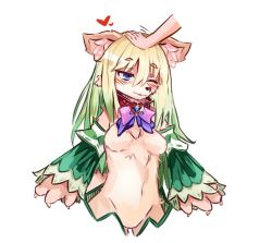 Rule 34 | 1girl, :3, ;), animal ear fluff, animal ears, blonde hair, blue eyes, blush, breasts, brown fur, claws, collar, commentary, cropped legs, cu sith (monster girl encyclopedia), detached sleeves, dog ears, dog girl, english commentary, furry, furry female, gradient hair, green hair, hair between eyes, happy, headpat, heart, long hair, medium breasts, monster girl encyclopedia, multicolored hair, nuggets (cokekock), one eye closed, simple background, smile, snout, solo focus, white background