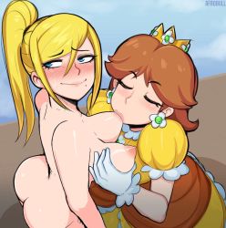 Rule 34 | 2girls, afrobull, ass, blonde hair, blush, breast sucking, breasts, brown hair, clothed female nude female, crown, dress, earrings, eyelashes, closed eyes, femdom, frilled dress, frilled sleeves, frills, gloves, highres, jewelry, large breasts, looking away, looking over shoulder, mario (series), metroid, mini crown, mole, mole under mouth, multiple girls, nintendo, nipples, nude, ponytail, princess daisy, puffy short sleeves, puffy sleeves, samus aran, short sleeves, smile, super mario land, super smash bros., tomboy, white gloves, yellow dress, yuri