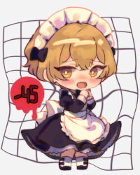 Rule 34 | 1boy, apron, back bow, black dress, blonde hair, blush, bow, dress, fang, frilled dress, frills, hands up, juliet sleeves, limbus company, long sleeves, maid apron, maid headdress, open mouth, project moon, puffy sleeves, sinclair (project moon), socks, solo, sweat, white apron, white bow, white socks, y0ru73, yellow eyes