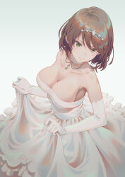 Rule 34 | 1girl, alice gear aegis, bare shoulders, breasts, brown hair, choker, cleavage, collarbone, commentary, dress, elbow gloves, from above, gloves, green eyes, hair ornament, hairclip, highres, large breasts, layered dress, long dress, medium hair, onaga akino, pinakes, simple background, skirt hold, sleeveless, sleeveless dress, smile, solo, standing, strapless, strapless dress, wedding dress, white background, white choker, white dress, white gloves