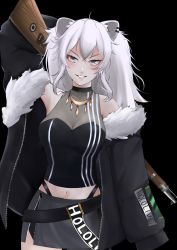 Rule 34 | 1girl, ahoge, animal ears, artfianz, bare shoulders, belt, black jacket, black pantyhose, black shirt, blush, breasts, carrying over shoulder, cleavage, cowboy shot, crop top, ear piercing, fur-trimmed jacket, fur trim, grey eyes, grey skirt, grin, gun, hair between eyes, highres, holding, holding gun, holding weapon, hololive, jacket, jewelry, large breasts, lion ears, long hair, looking at viewer, messy hair, midriff, miniskirt, navel, necklace, pantyhose, partially unzipped, piercing, rifle, see-through, see-through cleavage, shirt, shishiro botan, shishiro botan (1st costume), side slit, sidelocks, silver hair, simple background, single leg pantyhose, skin tight, skirt, sleeveless, sleeveless shirt, smile, smirk, solo, torn clothes, torn pantyhose, two side up, v-shaped eyebrows, virtual youtuber, weapon, white background, zipper skirt