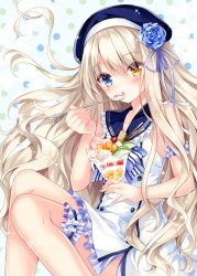 Rule 34 | 1girl, :o, arm garter, bare legs, bare shoulders, beret, blue eyes, blue flower, blue sailor collar, blush, brown hair, cherry, commentary request, cup, dress, flower, food, frilled dress, frills, fruit, hat, heterochromia, holding, holding cup, holding spoon, bridal garter, long hair, looking at viewer, luca (nogi takayoshi), nogi takayoshi, orange eyes, original, parfait, parted lips, polka dot, polka dot background, rose, sailor collar, sailor dress, sleeveless, sleeveless dress, solo, spoon, very long hair
