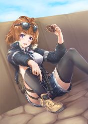 Rule 34 | 1girl, black thighhighs, boots, brown hair, collared shirt, commentary, denim, denim shorts, doughnut, fence, food, girls&#039; frontline, grizzly mkv (girls&#039; frontline), gun, handgun, holding, holding gun, holding weapon, jacket, l.a.r. manufacturing, lar grizzly win mag, looking at viewer, potato tacos, purple eyes, shirt, shorts, sitting, thighhighs, weapon, white shirt, zettai ryouiki