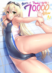 Rule 34 | 1girl, alternate costume, arm up, armpits, bare arms, bare legs, bare shoulders, barefoot, blonde hair, blush, bosshi, breasts, cameltoe, cleft of venus, commentary request, competition swimsuit, covered erect nipples, covered navel, cowboy shot, eyewear on head, flexible, from below, gluteal fold, green eyes, grin, highleg, highleg swimsuit, highres, holding, kantai collection, leg lift, leg up, long hair, looking at viewer, one-piece swimsuit, open mouth, shimakaze (kancolle), smile, solo, standing, standing on one leg, stretching, swimsuit, water, wet