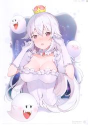 Rule 34 | 1girl, 6u (eternal land), :o, absurdres, blush, boo (mario), breasts, brooch, cleavage, collarbone, covered navel, crown, detached collar, dress, fang, flying sweatdrops, frilled dress, frilled gloves, frills, ghost, gloves, hair between eyes, hands up, highres, indoors, jewelry, large breasts, long hair, looking at viewer, luigi&#039;s mansion, mario (series), new super mario bros. u deluxe, nintendo, open mouth, princess king boo, puffy short sleeves, puffy sleeves, purple eyes, scan, short sleeves, super crown, white dress, white gloves, white hair, window