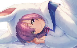 Rule 34 | 1girl, asada hachi, bed sheet, closed mouth, cosplay, eyes visible through hair, fate/grand order, fate (series), fou (fate), fou (fate) (cosplay), hair between eyes, hood, hood up, long sleeves, looking at viewer, mash kyrielight, official alternate costume, pink ribbon, purple eyes, purple hair, ribbon, smile, solo, twitter username