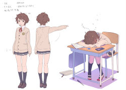 Rule 34 | black legwear, black skirt, book, brown cardigan, brown eyes, brown footwear, brown hair, cardigan, cellphone, chair, character sheet, collared shirt, desk, enkyo yuuichirou, eraser, highres, loafers, long sleeves, looking at viewer, multiple views, neck ribbon, original, parted lips, pencil, pencil case, phone, pleated skirt, red ribbon, ribbon, school chair, school desk, school uniform, shirt, shoes, short hair, simple background, sitting, skirt, sleeping, sleeves past wrists, smartphone, socks, standing, translation request, white background, white shirt, wing collar, zzz
