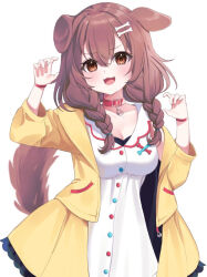 Rule 34 | 1girl, animal collar, animal ears, blush, bone hair ornament, bracelet, braid, breasts, brown eyes, brown hair, claw pose, cleavage, collar, cowboy shot, dog ears, dog girl, dog tail, double-parted bangs, dress, fangs, hair between eyes, hair ornament, hairclip, hololive, inugami korone, inugami korone (1st costume), jacket, jewelry, long hair, looking at viewer, low twin braids, low twintails, medium breasts, negima (le ne38), off shoulder, open clothes, open jacket, open mouth, red collar, short dress, sleeveless, sleeveless dress, solo, tail, twin braids, twintails, v-shaped eyebrows, virtual youtuber, white dress, yellow jacket
