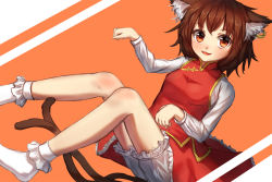 Rule 34 | 1girl, animal ear fluff, animal ears, bloomers, bobby socks, brown eyes, brown hair, cat ears, cat tail, chen, earrings, fang, full body, jewelry, long sleeves, looking at viewer, multiple tails, nekomata, no headwear, no shoes, open mouth, paw pose, shirt, shone, short hair, simple background, skirt, skirt set, smile, socks, solo, tail, touhou, turtleneck, underwear, vest, white socks