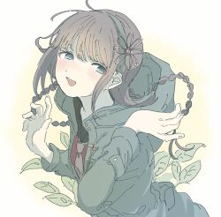 Rule 34 | 1girl, :d, blue eyes, blush, braid, coat, commentary request, flower, freckles, green coat, green hairband, grey hair, hair flower, hair ornament, hairband, hands up, highres, hood, hooded coat, kurumi wendy, leaf, long hair, long sleeves, looking at viewer, macha (macha3635toa), master detective archives: rain code, open mouth, red shirt, shirt, smile, solo, twin braids, upper body, white background