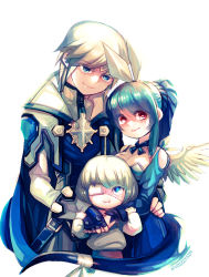 Rule 34 | 1girl, 2boys, aged down, bad id, bad pixiv id, blonde hair, blue eyes, blue hair, bow, choker, dizzy (guilty gear), eyepatch, family, father and son, guilty gear, guilty gear 2, husband and wife, ky kiske, long hair, mother and son, multiple boys, ponytail, red eyes, ribbon, san (winteroll), short hair, sin kiske, tail, tail ornament, tail ribbon, wings