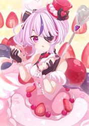 Rule 34 | 1girl, absurdres, ahoge, back bow, blush, bow, cake, center frills, commentary, dress, eyepatch, food, food-themed clothes, frills, fruit, gloves, hat, heart, heart ahoge, highres, holding, holding food, maria marionette, mini hat, mini top hat, multicolored hair, nijisanji, nijisanji en, open mouth, pink hair, purple eyes, purple hair, side ponytail, sleeveless, sleeveless dress, solo, strawberry, streaked hair, top hat, usari sk, virtual youtuber, white hair