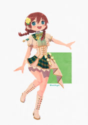 Rule 34 | 1girl, absurdres, aqua eyes, artist name, artist request, badge, bare legs, blue eyes, blush, boots, bow, bowtie, braid, breasts, brown hair, center frills, checkered clothes, checkered skirt, collared shirt, corset, cropped jacket, dress, dress shirt, emma verde, female focus, flower, freckles, frills, full body, girl of the alps (love live!), green bow, green flower, green shirt, green skirt, hair between eyes, hair tie, highres, knee boots, light brown jacket, long hair, looking at viewer, love live!, love live! nijigasaki high school idol club, love live! school idol festival, love live! school idol festival all stars, meidoyat, miniskirt, parted lips, plaid, plaid skirt, pleated, pleated skirt, red hair, shirt, shoes, short hair, short sleeves, skirt, small breasts, smile, solo, standing, standing on one leg, star (symbol), star print, twin braids, twintails, white background, white corset, white footwear, yellow flower