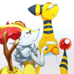 Rule 34 | 025aki, 1boy, 1girl, absurdres, ampharos, animal ears, bespectacled, blush, braixen, breasts, closed eyes, creatures (company), fox ears, fox tail, from side, furry, game freak, gen 2 pokemon, gen 6 pokemon, glasses, half-closed eyes, hands up, highres, nintendo, open mouth, pink-framed eyewear, pokemon, pokemon (creature), pokemon gsc, pokemon xy, red eyes, simple background, small breasts, standing, stick, sweat, tail, traditional media, white background