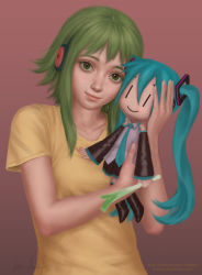 Rule 34 | 1girl, character doll, gohpot, green eyes, green hair, gumi, hatsune miku, headphones, highres, holding, matching hair/eyes, realistic, short hair with long locks, signature, smile, solo, spring onion, upper body, vocaloid, watermark, web address, | |