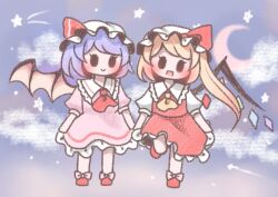 Rule 34 | 2girls, :d, ascot, bat wings, blonde hair, blue hair, blush, bow, chibi, cloud, crescent moon, crystal, dress, flandre scarlet, footwear bow, frilled shirt collar, frills, full body, happy, hat, head tilt, holding hands, mitama311, mob cap, moon, multiple girls, night, night sky, one side up, open mouth, pink dress, puffy short sleeves, puffy sleeves, red ascot, red skirt, red vest, remilia scarlet, shooting star, short hair, short hair with long locks, short sleeves, siblings, sisters, skirt, sky, smile, standing, standing on one leg, star (symbol), swept bangs, touhou, vest, wings, yellow ascot
