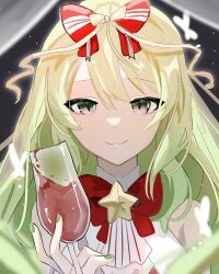 Rule 34 | 1girl, alcohol, bare shoulders, bow, bowtie, bread slice, breasts, christmas, cup, dress, drinking glass, food, green eyes, green hair, green nails, hair bow, highres, honkai (series), honkai impact 3rd, long hair, looking at viewer, medium breasts, mobius (honkai impact), slit pupils, smile, solo, star ornament, toast, wavy hair, white dress, wine, wine glass