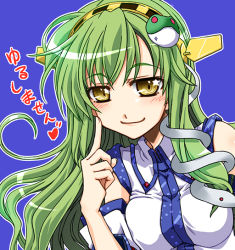 Rule 34 | 10s, 1girl, bare shoulders, cosplay, detached sleeves, frog hair ornament, green hair, hair ornament, hairband, haruna (kancolle), haruna (kancolle) (cosplay), heart, kantai collection, kochiya sanae, long hair, personification, smile, snake hair ornament, solo, takana shinno, touhou, translation request, upper body, yellow eyes