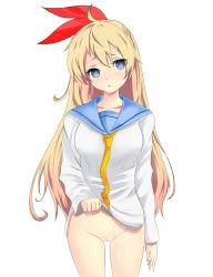 Rule 34 | 10s, 1girl, bare legs, bottomless, cleft of venus, female focus, kirisaki chitoge, looking at viewer, neneo, nisekoi, pussy, school uniform, simple background, solo, standing, thigh gap, white background