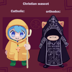 2girls :3 animal_ears bead_necklace beads black_hood black_robe blue_eyes blue_hair boots cane cat_ears cat_girl coat commentary cross cross_necklace crossover ears_through_hood epips green_boots highres holding holding_cane jewelry jubilee_2025 latin_cross luce_(jubilee_2025) melty_blood multiple_girls necklace neco-arc raincoat robe tsukihime yellow_coat yellow_raincoat