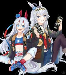 Rule 34 | 2girls, ahoge, belt, black background, black jacket, blue eyes, blue footwear, blue hairband, blue skirt, blue sports bra, boots, boss coffee, breasts, can, cherrydeswa, commentary request, ear ornament, fang, fur-trimmed boots, fur-trimmed footwear, fur trim, grey hair, grin, hair between eyes, hair ornament, hairband, highres, holding, holding can, horse-drawn, horse girl, horse tail, indian style, jacket, long hair, long sleeves, midriff, multicolored hair, multiple girls, navel, neckerchief, oguri cap (umamusume), open mouth, pants, patch, red belt, red hairband, red neckerchief, red socks, shirt, shoes, simple background, sitting, skirt, small breasts, smile, sneakers, socks, sparkle, sports bra, streaked hair, suntory, tail, tamamo cross (umamusume), two-tone hairband, umamusume, very long hair, white belt, white footwear, white pants, white shirt